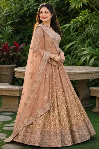 BROWN SEQUINS & EMBROIDERED NET LEHENGA CHOLI SET