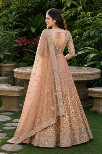 BROWN SEQUINS & EMBROIDERED NET LEHENGA CHOLI SET