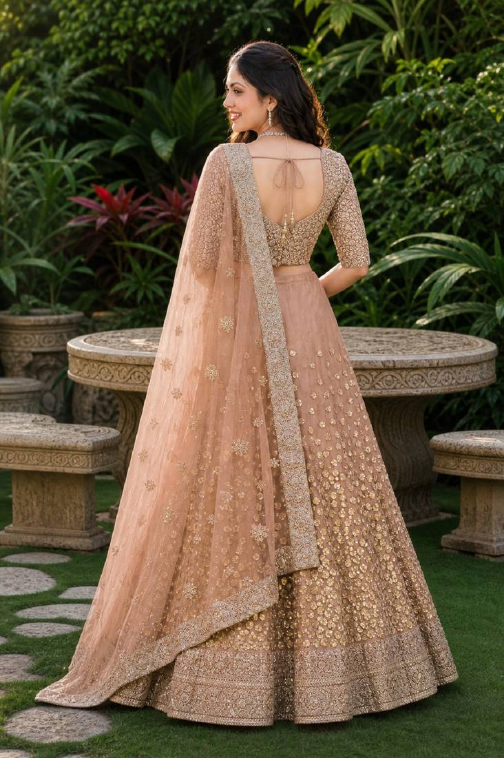 BROWN SEQUINS & EMBROIDERED NET LEHENGA CHOLI SET