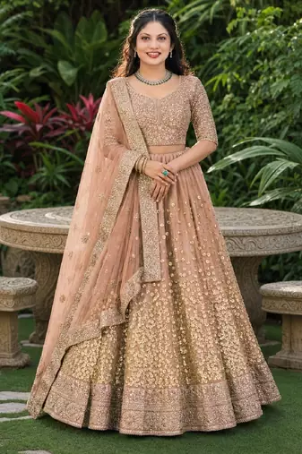 BROWN SEQUINS & EMBROIDERED NET LEHENGA CHOLI SET