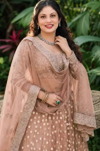 BROWN SEQUINS & EMBROIDERED NET LEHENGA CHOLI SET
