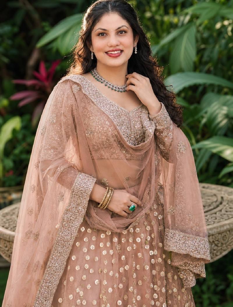 BROWN SEQUINS & EMBROIDERED NET LEHENGA CHOLI SET