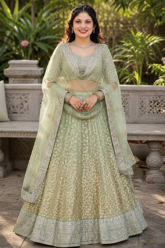 GREEN SEQUINS & EMBROIDERED NET LEHENGA CHOLI SET