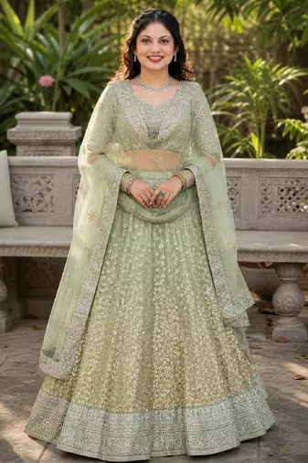 GREEN SEQUINS & EMBROIDERED NET LEHENGA CHOLI SET