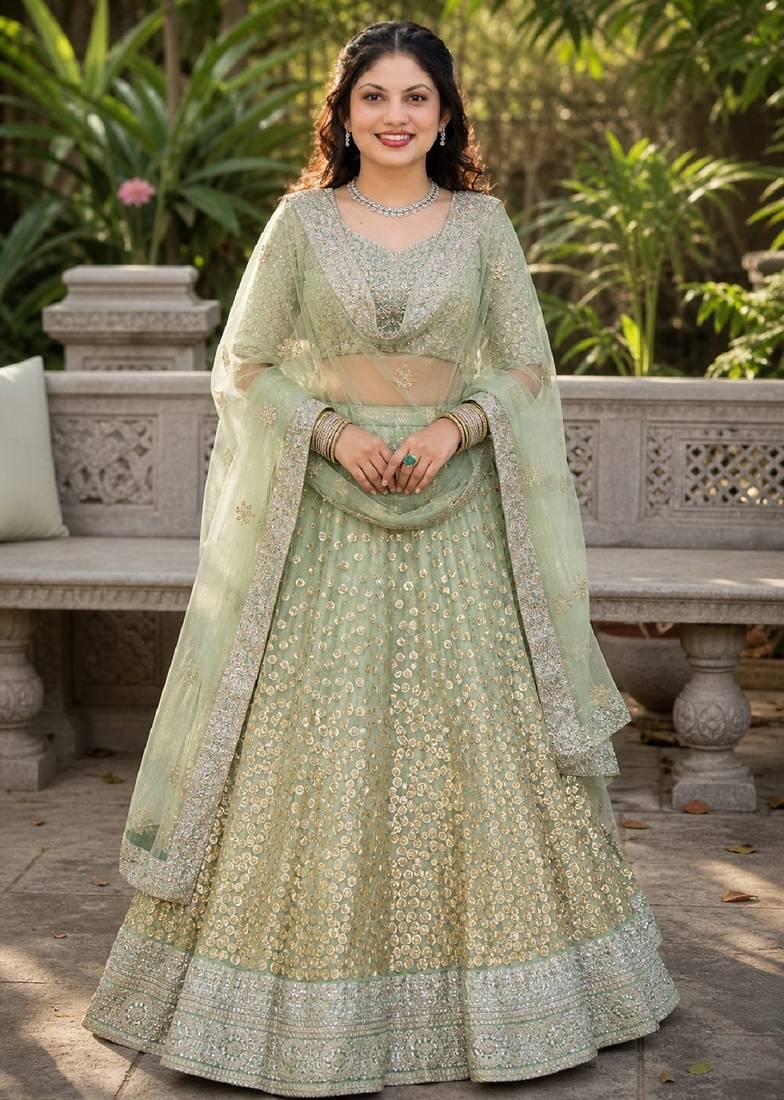 GREEN SEQUINS & EMBROIDERED NET LEHENGA CHOLI SET