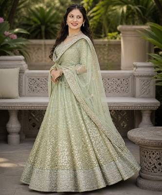 GREEN SEQUINS & EMBROIDERED NET LEHENGA CHOLI SET 2