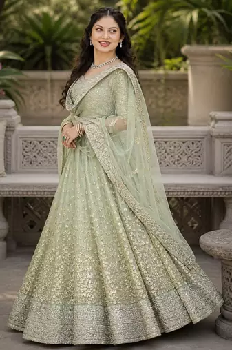 GREEN SEQUINS & EMBROIDERED NET LEHENGA CHOLI SET
