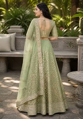 GREEN SEQUINS & EMBROIDERED NET LEHENGA CHOLI SET 3