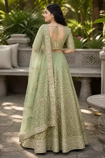 GREEN SEQUINS & EMBROIDERED NET LEHENGA CHOLI SET