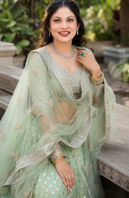 GREEN SEQUINS & EMBROIDERED NET LEHENGA CHOLI SET 4
