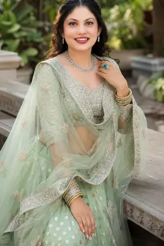 GREEN SEQUINS & EMBROIDERED NET LEHENGA CHOLI SET