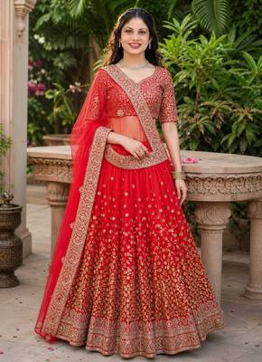 RED SEQUINS & EMBROIDERED NET LEHENGA CHOLI SET 1