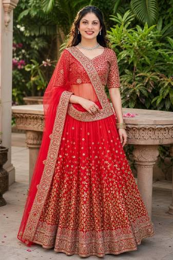 RED SEQUINS & EMBROIDERED NET LEHENGA CHOLI SET