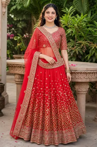RED SEQUINS & EMBROIDERED NET LEHENGA CHOLI SET