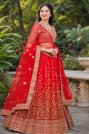 RED SEQUINS & EMBROIDERED NET LEHENGA CHOLI SET