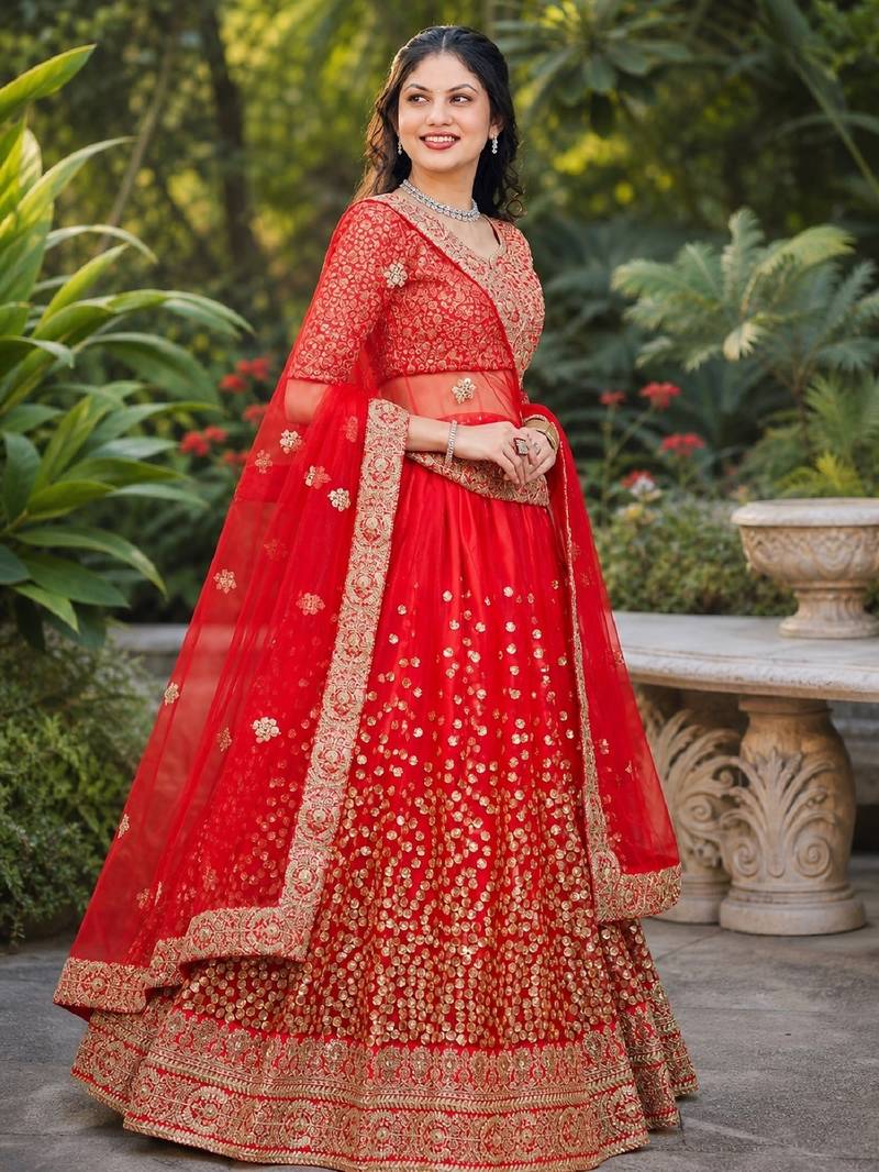 RED SEQUINS & EMBROIDERED NET LEHENGA CHOLI SET