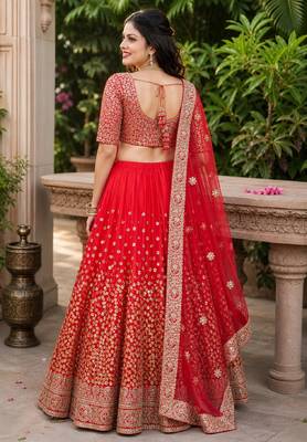 RED SEQUINS & EMBROIDERED NET LEHENGA CHOLI SET 3