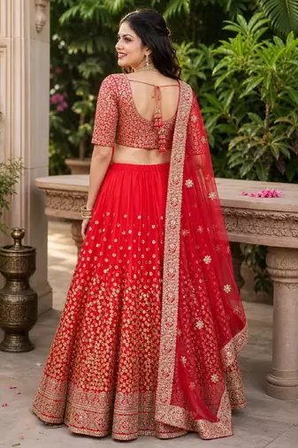 RED SEQUINS & EMBROIDERED NET LEHENGA CHOLI SET