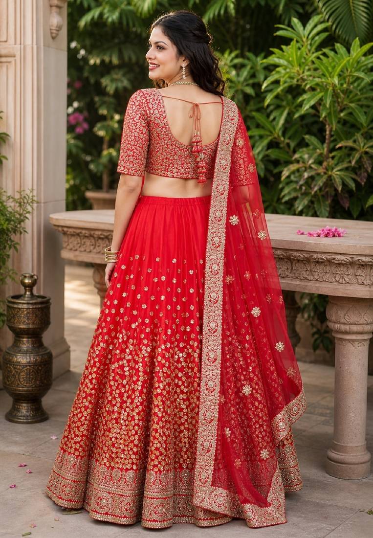 RED SEQUINS & EMBROIDERED NET LEHENGA CHOLI SET