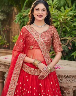 RED SEQUINS & EMBROIDERED NET LEHENGA CHOLI SET 4