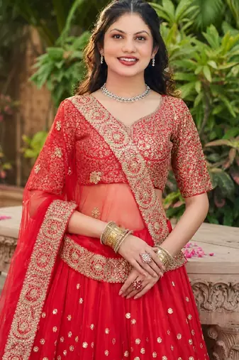 RED SEQUINS & EMBROIDERED NET LEHENGA CHOLI SET