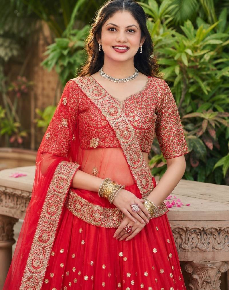 RED SEQUINS & EMBROIDERED NET LEHENGA CHOLI SET
