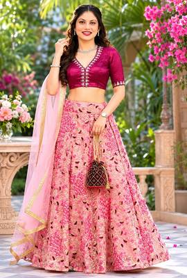 PEACH SEQUINS & EMBROIDERED NET LEHENGA CHOLI SET 1