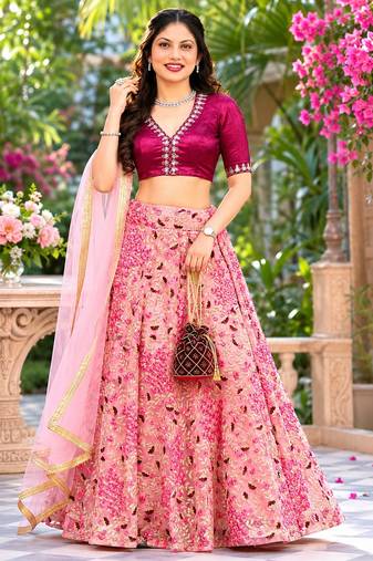 PEACH SEQUINS & EMBROIDERED NET LEHENGA CHOLI SET