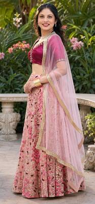 PEACH SEQUINS & EMBROIDERED NET LEHENGA CHOLI SET 2