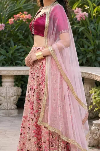 PEACH SEQUINS & EMBROIDERED NET LEHENGA CHOLI SET
