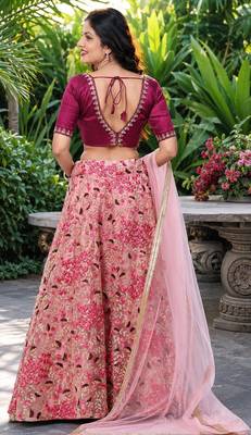 PEACH SEQUINS & EMBROIDERED NET LEHENGA CHOLI SET 3