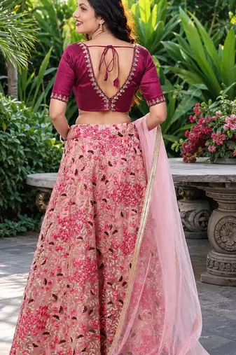 PEACH SEQUINS & EMBROIDERED NET LEHENGA CHOLI SET