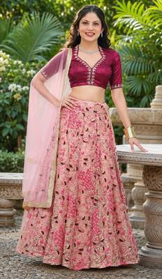 PEACH SEQUINS & EMBROIDERED NET LEHENGA CHOLI SET 4