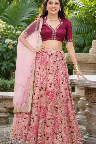 PEACH SEQUINS & EMBROIDERED NET LEHENGA CHOLI SET