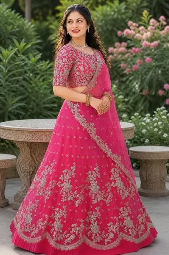 PINK SEQUINS & EMBROIDERED NET LEHENGA CHOLI SET