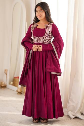 Dark rani pink color silk blend gown PANT dupatta set full stitched.