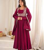 Dark rani pink color silk blend gown PANT dupatta set full stitched.