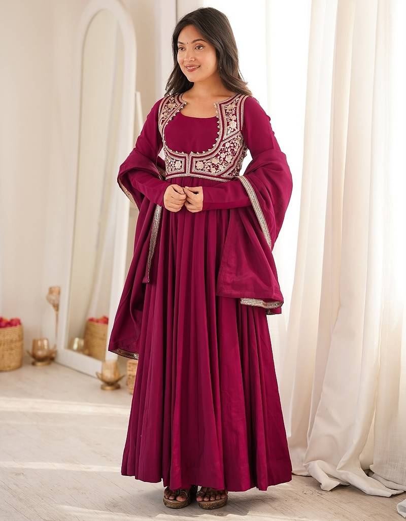 Dark rani pink color silk blend gown PANT dupatta set full stitched.