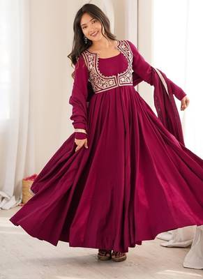 Dark rani pink color silk blend gown PANT dupatta set full stitched. 2