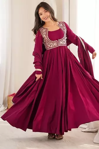 Dark rani pink color silk blend gown PANT dupatta set full stitched.