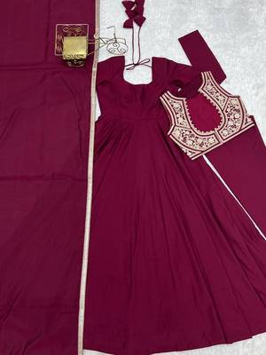 Dark rani pink color silk blend gown PANT dupatta set full stitched. 4