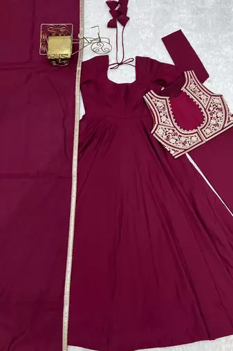 Dark rani pink color silk blend gown PANT dupatta set full stitched.