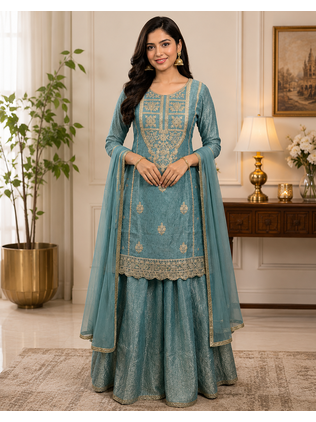 readymade skyblue dori sequecne embroidered palazzo suit for festival party  wear 1