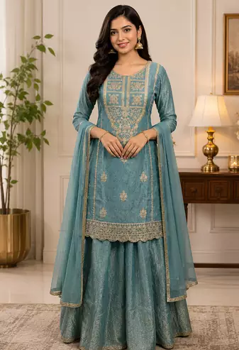 readymade skyblue dori sequecne embroidered palazzo suit for festival party  wear