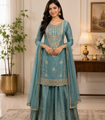 readymade skyblue dori sequecne embroidered palazzo suit for festival party  wear