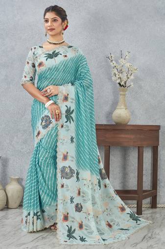 Sky blue digital printed satin silk designer saree