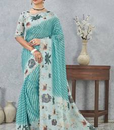 Sky blue digital printed satin silk designer saree