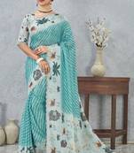 Sky blue digital printed satin silk designer saree