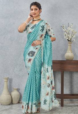 Sky blue digital printed satin silk designer saree 2