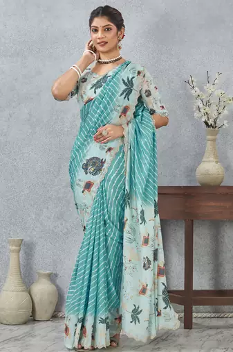 Sky blue digital printed satin silk designer saree